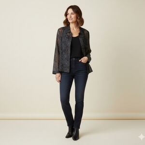 Bamboo Traders Sheer Black Floral Button Down